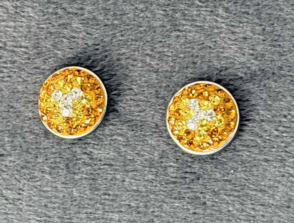 Thai Sterling Silver Round Cluster Stud Earrings Yellow and White Crystal 925